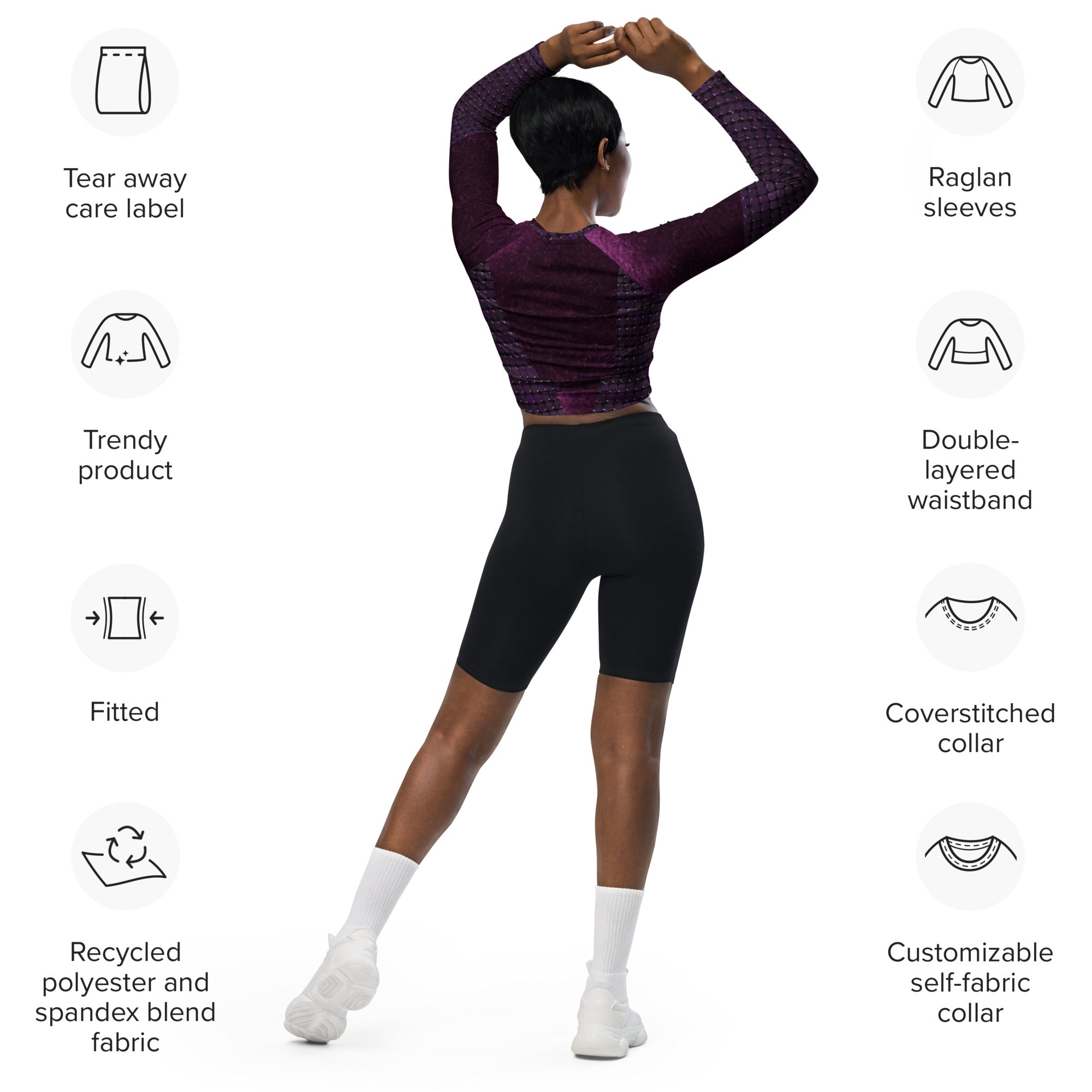 Long-sleeve gym crop top. Ideal fitness top, runner's or yoga top. "Mulberry" by WickedYo.